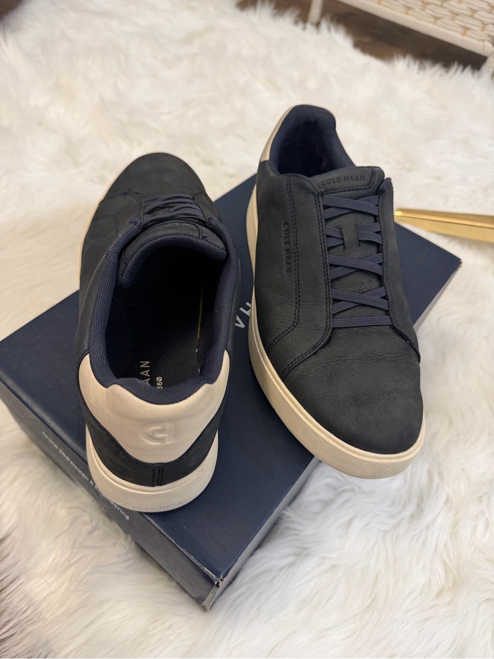 Cole Haan Navy Leather Low-Top Sneakers with Cream Heel